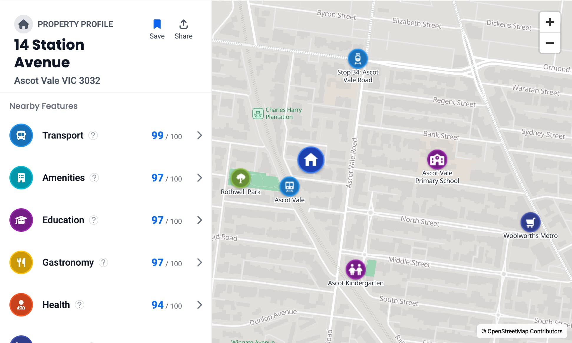 Property profile with interactive amenity map